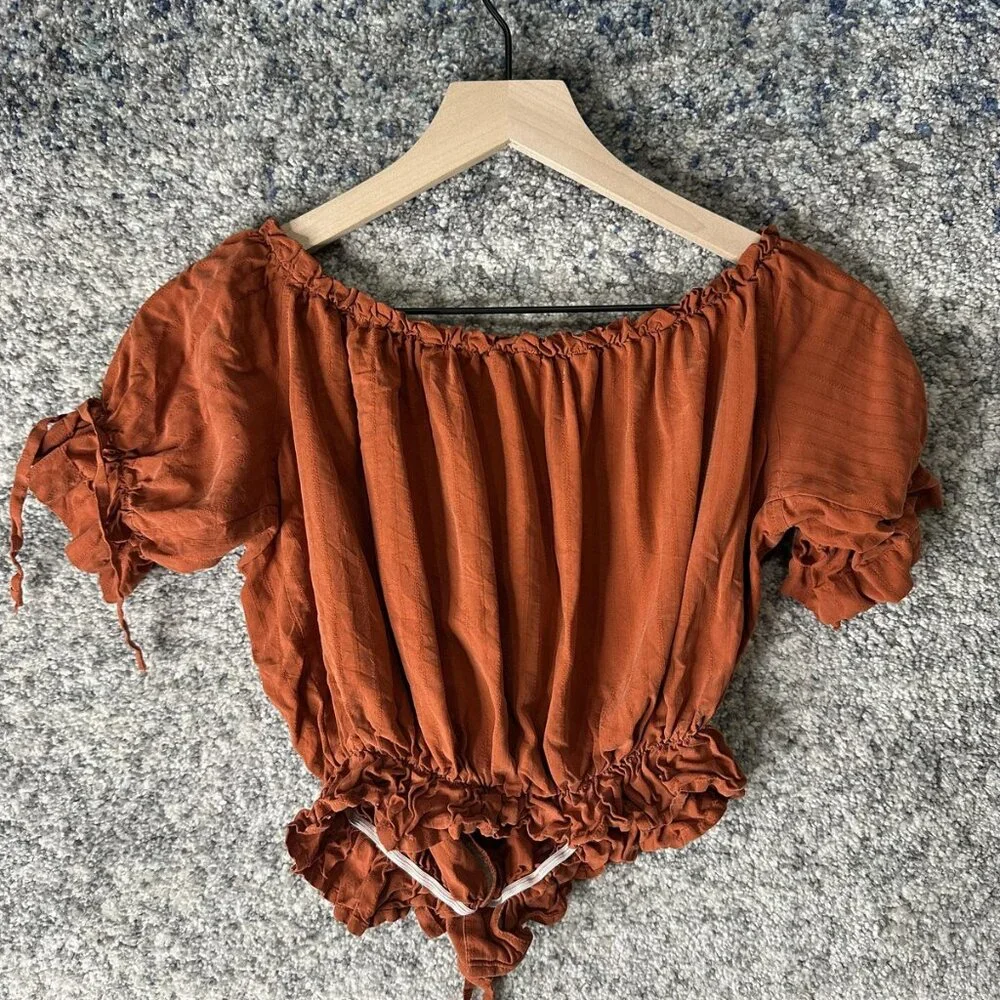 Reformation Shirt Womens Small Rust Peasant‎ Puff Sleeve Off Shoulder Crop Boho - Picture 5 of 5